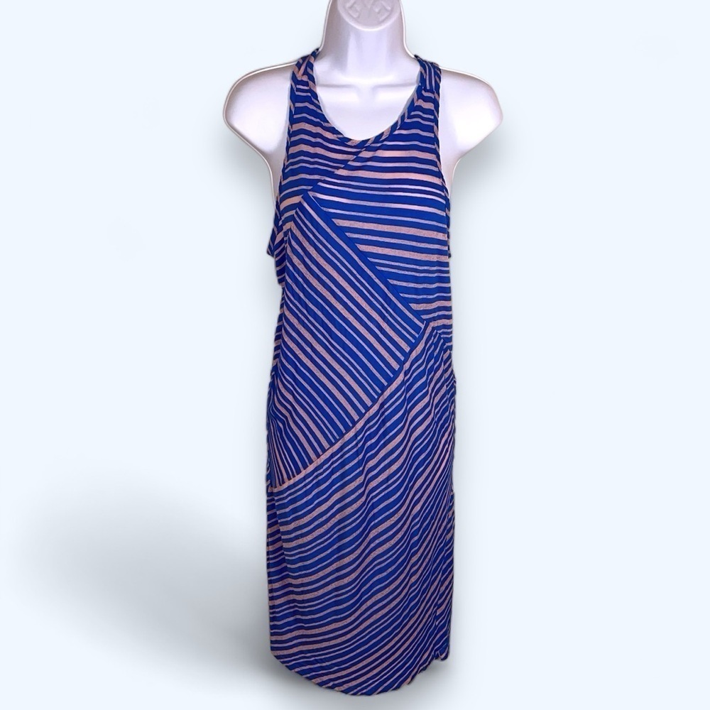 MEDIUM CHERISH ORANGE BLUE STRIPED SHEER DRESS SWIM COVERUP STRETCH COLORFUL